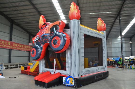 Opblaasbaar droog glijbaan zwembad combo met dubbele baan glijbaan en 3D racing thema OEM geaccepteerd