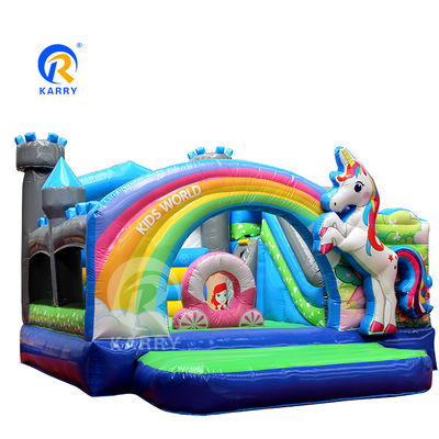Regenboog PVC opblaasbare trampoline commerciële eenhoorn uitsmijter met glij- en blaas