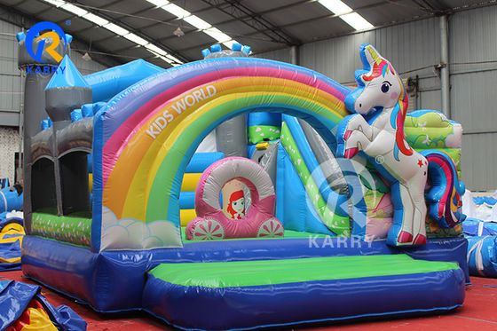 Regenboog PVC opblaasbare trampoline commerciële eenhoorn uitsmijter met glij- en blaas