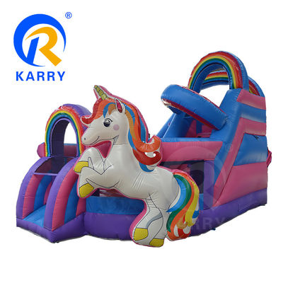 Outdoor Fun Commercial 0.55mm PVC Rainbow Unicorn opblaasbare uitschuiver met natte droog glijbaan
