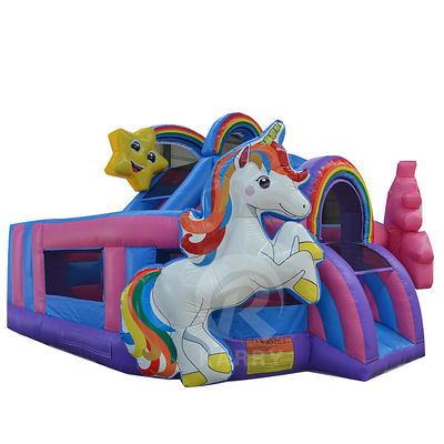 Outdoor Fun Commercial 0.55mm PVC Rainbow Unicorn opblaasbare uitschuiver met natte droog glijbaan