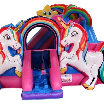 Rainbow Double Unicorn Air Trampoline opblaasbare kasteelslide Combo H14ft voor feest evenementen