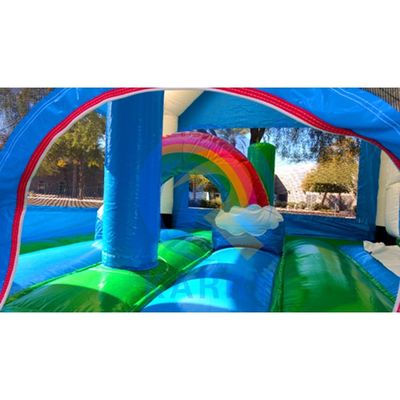Commerciële regenboogvlekte eenhoorn opblaasbare springkasteel combo slide OEM aanvaardbaar
