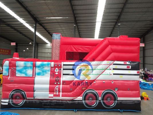 Brandweerwagen opblaasbare uitsmijter glijcombo voor feestverhuur leeftijdsbereik 14 jaar en ouder