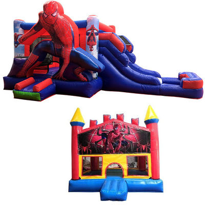 14 jaar oud Commerciële PVC Spiderman opblaasbare uitsmijter huis met glijbaan