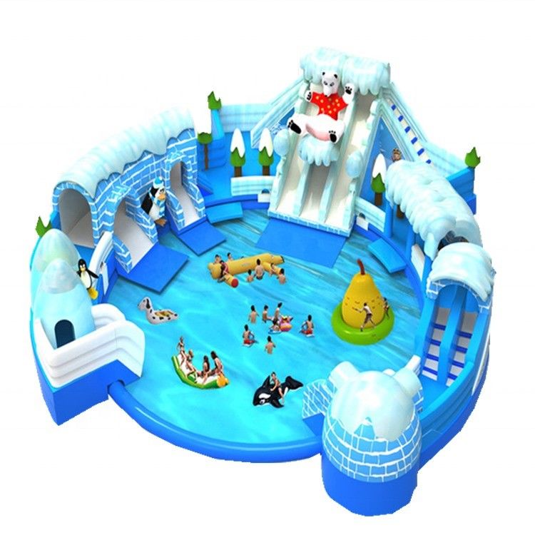 Maximale capaciteit 100-500 kg Groot sneeuwkoninkrijk opblaasbaar waterpark met zwembad en glijbanen