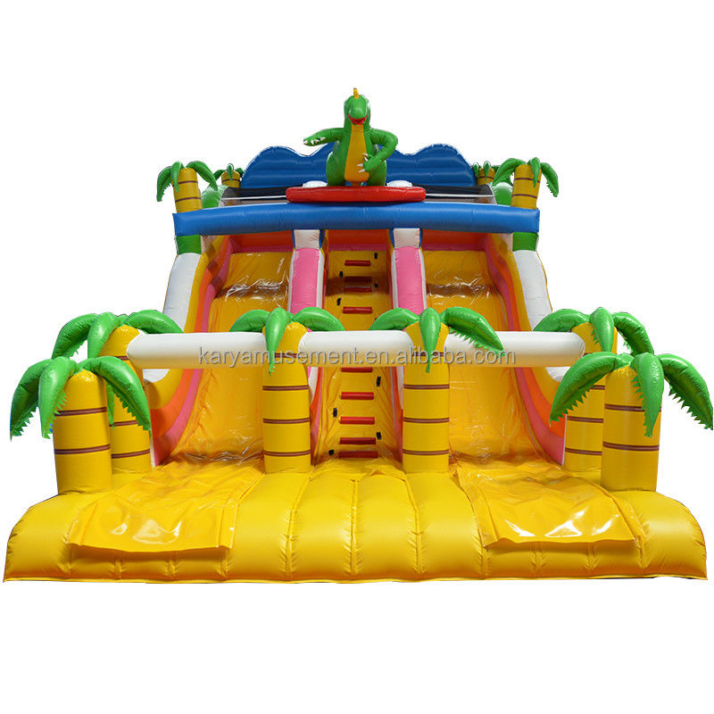 Outdoor Park Game 2-Lane Tropische Palm PVC opblaasbare Dinosaurus Spring Bounce Slide