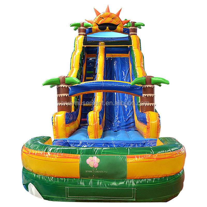 32ft Jumbo Palm Tree opblaasbare zonnewaterglijbaan met kinderen spelen zwembad en sprongglijbaan