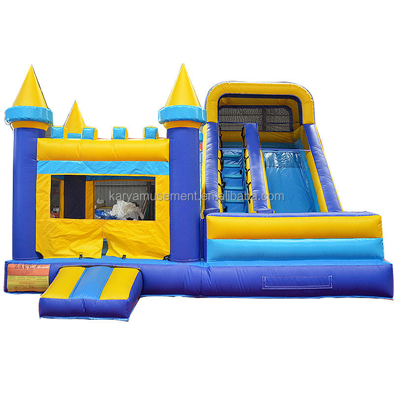 Aanpasbaar opblaasbaar springkasteel met dia klassiek blauw en geel
