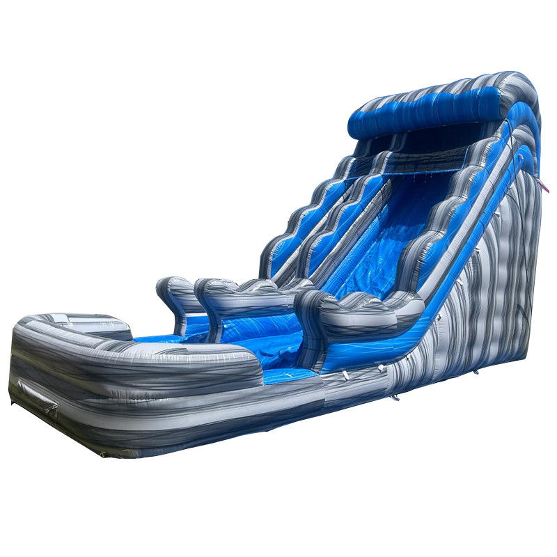 Outdoor Commerciële Verhuur Grijze Marmer PVC Blauwe Waterglijbaan met zwembad en springbal