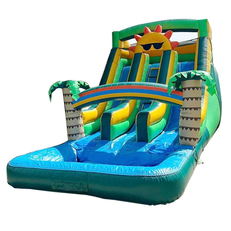 Outdoor Aqua Fun Commercieel PVC Zonne-thema Opblaasbare waterslide met zwembad met twee rijstroken