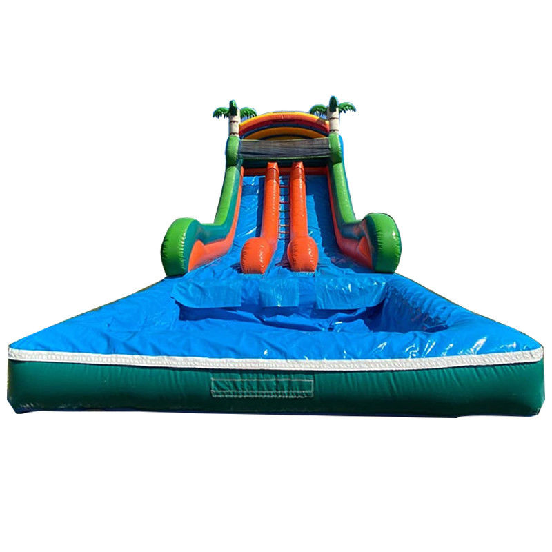 Maximale capaciteit 100-500 kg Dual Lane opblaasbaar waterpark met zwembad en palmbomen glijbaan