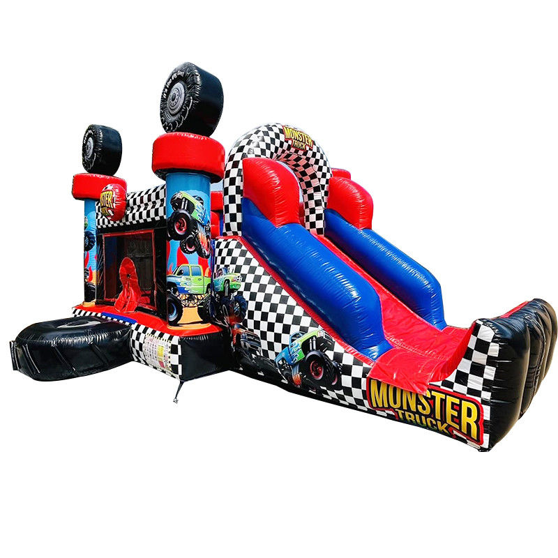 Unisex rode monster truck thema opblaasbare bounce huis combo glijbaan voor kinderen feesttijd