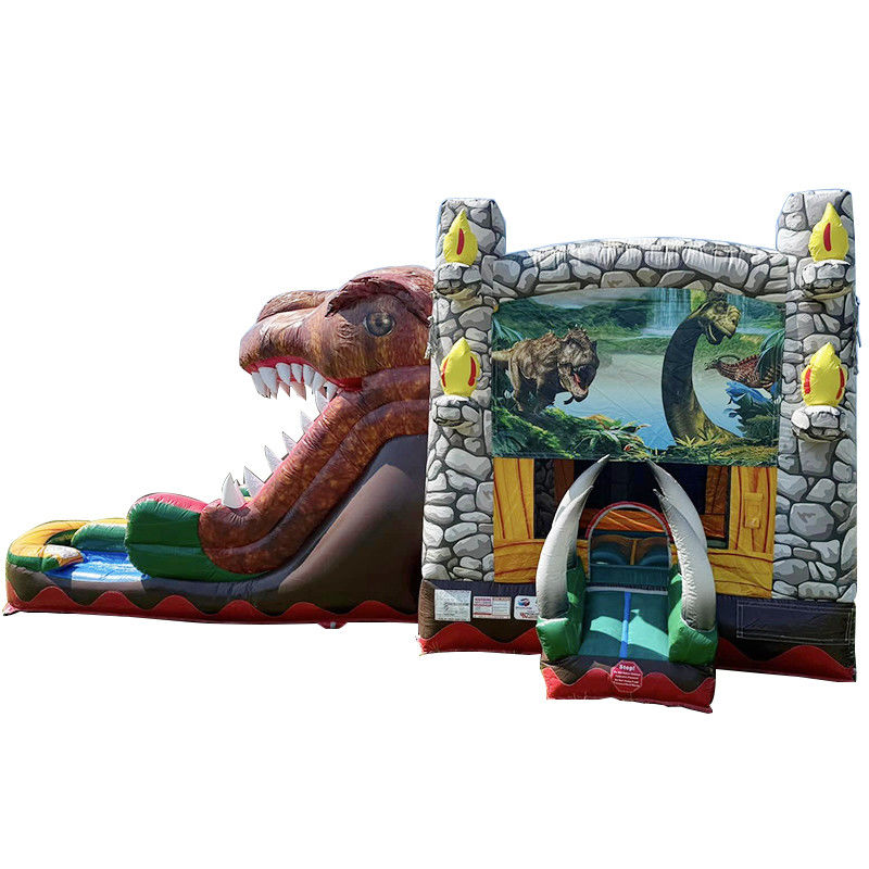Partijverhuur moet-hebben aanpassen geaccepteerd Jurassic Dinosaur thema Commercieel PVC opblaasbaar springhuis met glijbaan