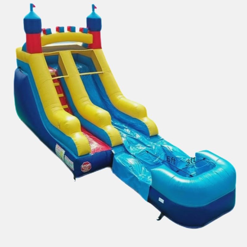 Water zwembad kasteel stijl opblaasbare bouncy fancy lange waterglijbaan voor kinderen en volwassenen