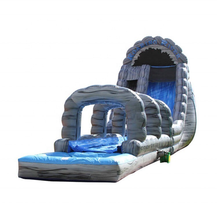 Outdoor Occasion Grijze opblaasbare waterslider met drie bogen stuiteren en zwembad