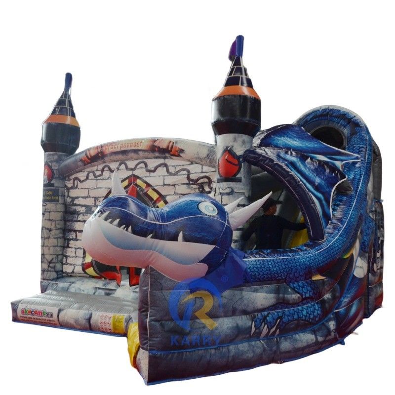 Unisex Custom Kleurrijke PVC opblaasbaar springkasteel met glijbaan Big Tusk Dragon Design