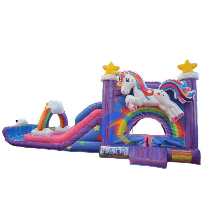 Digitaal afdrukken opblaasbare regenboog eenhoorn bouncy house slide combo voor indoor party