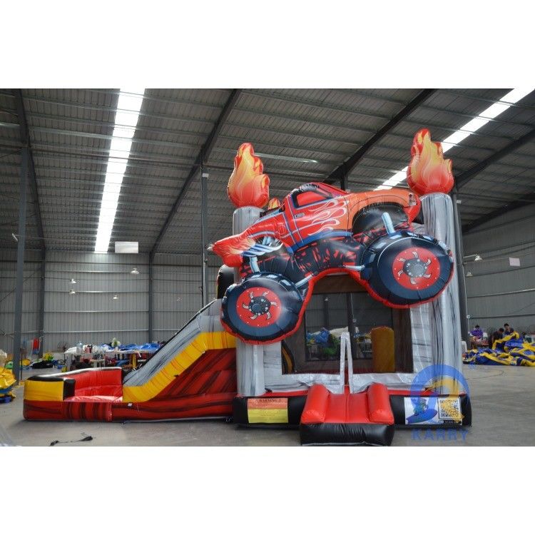 Opblaasbaar droog glijbaan zwembad combo met dubbele baan glijbaan en 3D racing thema OEM geaccepteerd