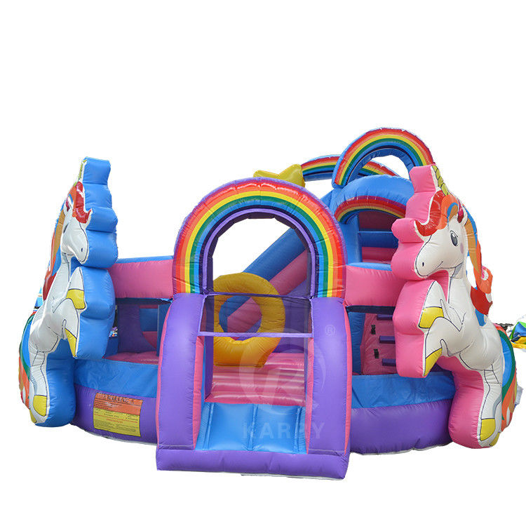 Outdoor Fun Commercial 0.55mm PVC Rainbow Unicorn opblaasbare uitschuiver met natte droog glijbaan
