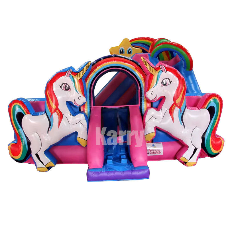Rainbow Double Unicorn Air Trampoline opblaasbare kasteelslide Combo H14ft voor feest evenementen