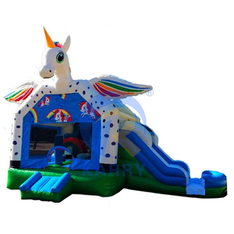 Commerciële regenboogvlekte eenhoorn opblaasbare springkasteel combo slide OEM aanvaardbaar