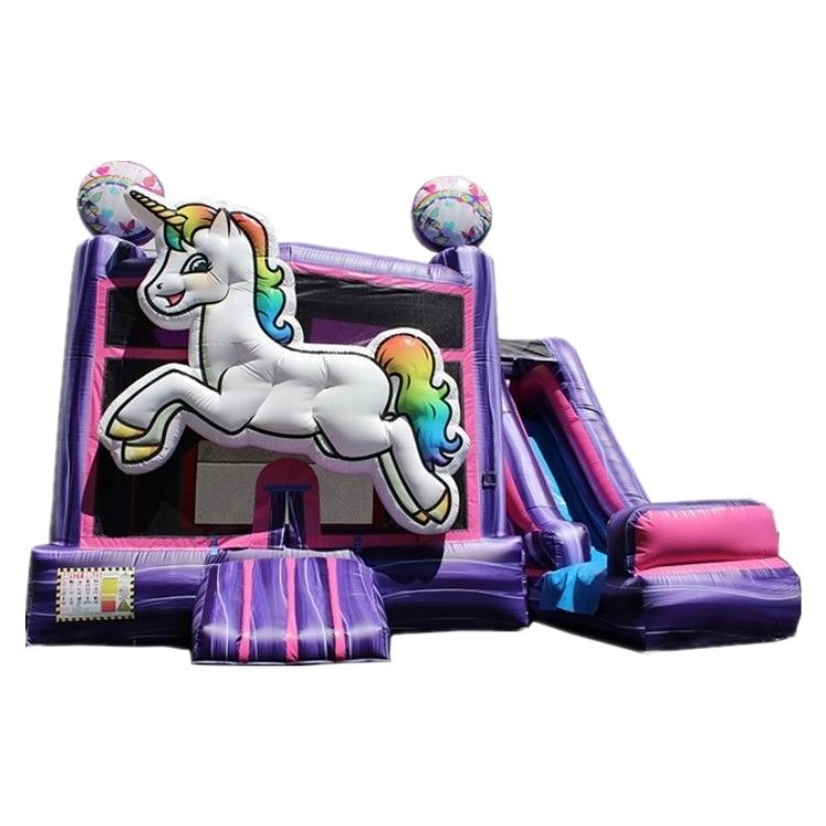 PORTABLE Bouncing Castle Combo Slide met EN71-certificering Regenboog Eenhoorn en Slide