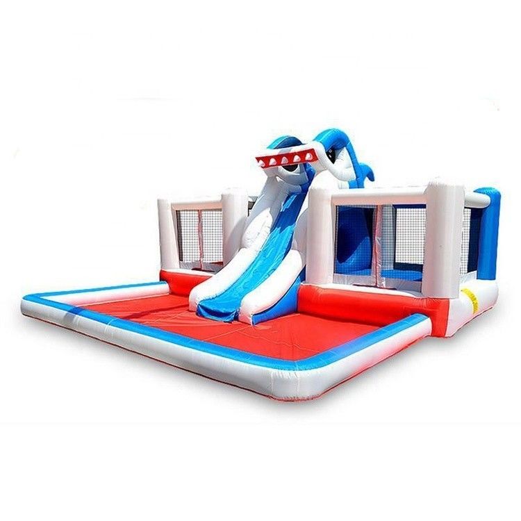 Castle Kids opblaasbare haaien springhuis springer met waterglijbaan en draagbaar ontwerp