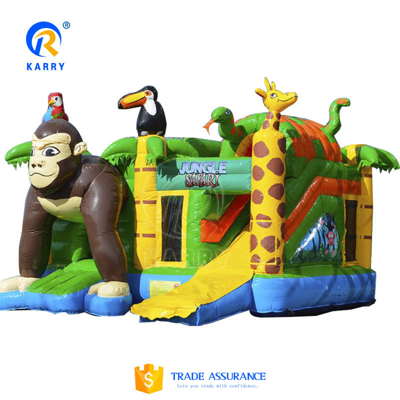 Opblaasbaar kasteel spel Big Mouth Ape Happy Animal World thema Bouncing House met glijbaan